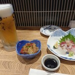 Tempura Kassen Sake Dokoro Heso - 。生ビール小鉢、刺身
