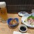 天ぷら・割鮮酒処 へそ - 。生ビール小鉢、刺身