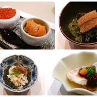 八重洲 鮨 海味 - ✦イクラとバフンウニ (下に赤シャリが入ってます)
                    ✦子持ち昆布と海ぶどう
                    ✦もずくと毛蟹の酢の物
                    ✦甘鯛のちり蒸し