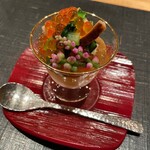 おおたに - 長芋のゼリー寄せ、酢橘のジュレ、いくら、松茸と小松菜のお浸し、ツルムラサキの花