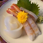 養老魚新 - 週替り定食のお造り三種盛りのアップ
甘海老、イカ、カンパチ
なかなか良いお刺身だった！