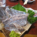 丸千葉 - あじ刺身。しっかし撮影下手くそだな。