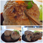 天神BOMBURG×嵐山茶寮 - ◆お箸で割ると、肉汁がジュワーと。 ハンバーグはしっかり目の食感でお肉の旨味を感じ、美味しい。 焼く前は180ｇでしょうけれど、焼くと脂などが出て少し縮みますから私でも頑張れば2個頂けました。 でもやはり多くあとでキツくなりました。(^_^;