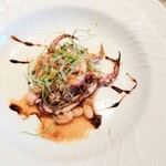 La Brianza - スルメイカグリルバルサミコソース。バルサミコソースのコクや風味と白いんげん豆のやさしいほくほくがよく合って美味しい