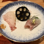天ぷら たかだ - 長崎 甘鯛 昆布締め、煎り酒と芽ネギ、海老塩、黒染め蓮根