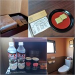 珠玉や - お茶菓子と冷蔵庫に予め入れられてるお水とジュース