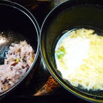 渓山亭 - ご飯、食べちゃった五穀米と汁、かき玉汁、みようが・三つ葉  (2012/10 訪問)
      