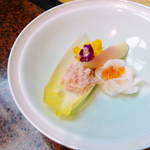 渓山亭 -  酢の物（遊び船）、みょうが・チコリ・イクラ (2012/10 訪問) 
      