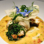 真鱈のロティ　ジャガイモのなめらかなピュレ　広島産牡蠣とほうれん草のデュグレレ風