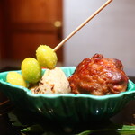 日本料理 幸庵 - 鹿のつくね、栗の巾着 大徳寺納豆包み、新銀杏の串焼き