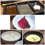 NIKUYAKI Benjamin - ◆タレは3種・・このお肉には焼肉のタレが合うような。 ◆ご飯の質は普通ですが、お肉が多いので二口ほど頂き残しました。m(__)m ◆玉子スープもお味見だけしましたけれど、とろみのあるタイプ。