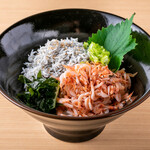 Two-color rice bowl with kettle-fried sakura shrimp and whitebait
