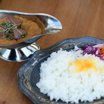 Pork curry rice with vegetables and fruits