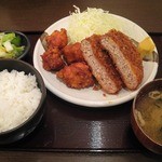 かつ仙 - 名前に偽り無しな「ジャンボメンチカツとから揚げ定食」。