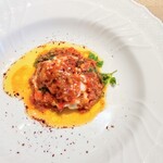 La Brianza - 鱈白子炙りトマトフランボワーズのソース。さわやかフランボワーズの果実味が、口溶ける白子ふわふわを引き立てて格上げしているとても美味しい(*^^*)