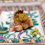 温石 - 伊勢海老　海老味噌掛け　実山椒の醤油漬け。お皿に残った味噌をなめたい(笑)