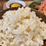 アルプスごはん - 朝のアルプスごはん(\1,200) 圧力鍋でもっちり炊いた七分づき合鴨米(バジルクラブ)