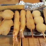 Kushikatsu Tanaka - アスパラ、豚ヒレ、ホタテ、エビ、串カツ牛、もち、トマト