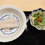 道人 - カワハギ刺身: カワハギというと河豚刺しの様な薄造りを想像しますが　この分厚い身と大きな肝に驚かされました！