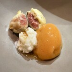 セルサルサーレ - 黒イチジクのフリット ブラータ・チーズ 柿とシャンパンのジェラート