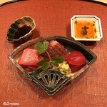 御料理 寺沢 - 本鮪と金目鯛の炙りの造り