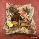 御料理 寺沢 - 松茸天ぷら､甘海老塩辛､子持ち昆布､揚げ銀杏､焼栗､唐墨､丹波黒香豆､梭子魚焼