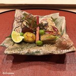 御料理 寺沢 - 松茸天ぷら､甘海老塩辛､子持ち昆布､揚げ銀杏､焼栗､唐墨､丹波黒香豆､梭子魚焼