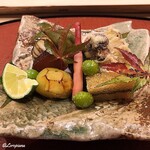御料理 寺沢 - 松茸天ぷら､甘海老塩辛､子持ち昆布､揚げ銀杏､焼栗､唐墨､丹波黒香豆､梭子魚焼