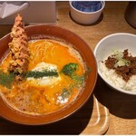 麺巧 潮 上野製麺所 - 海老白湯そば 980円 +サービスの肉味噌ご飯