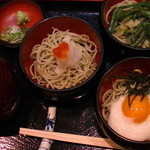 蕎麦 やすたけ - 「三味そば」1,100円　（とろろ・おろし・山菜）ｈ24.11.26