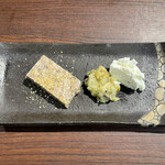 A e B - 猪と牛蒡のテリーヌ、焼き茄子、温泉水で作ったリコッタ