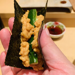 鮨 由う - ・プリン巻き（あん肝リゾット）
          スイカの奈良漬け