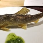 馳走 啐啄一十  - ⑤素揚げ子持ち鮎(広島県太田川産)、クレソンと山葵の合わせ酢を添えて
      躍動感のある鰭まで立った小振りな子持ち鮎
      ホクホクとした温かさで卵の甘みと旨み、少しのほろ苦さ、爽やかな薫りとが口の中に拡がります