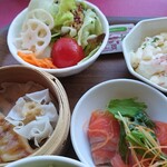 Supa Ando Gorufu Rizoto Kuji - サラダ、マカロニサラダ、サーモンカルパッチョ、餃子、シュウマイ