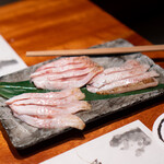 のどぐろ専門 銀座中俣 はなれ - 黒アワビタケと秋木の子、 のどぐろしゃぶしゃぶ 肝ダレを添えて