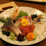 むつ五郎 - 2012.11 刺身盛合せ（2,730円）マグロ、イカ、タイ、ウニ、〆サバ、車海老