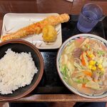 Marugame Seimen - ちゃんぽうんうどん　690円　＋　ジャンボカニカマ天　170円　+　とろ～り半熟玉子天　140円　+　天丼用ごはん　140円