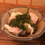 シフク食堂 - 秋ナス水餃子。ニラ醤油付き