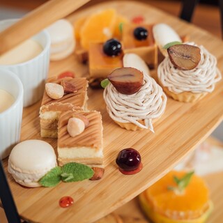 Afternoon tea set with 10 dishes, including seasonal items.