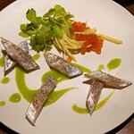 lumielune - 太刀魚の炙り　ジャガイモのラペ　イクラのペルノー酒漬け 万願寺とうがらしのクーリ