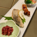 Kissui - 口取り(クラゲの梅紫蘇和え、魚の唐揚げ、焼き物、ブロッコリーとトマト)
