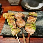 焼鳥酒場 酉楽 - アスパラ巻き、豚しそ巻き、ねぎま