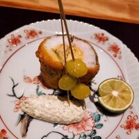 炭火割烹 白坂 - ⚫「カマス  松茸のフライ  実山椒タルタルソース  銀杏」