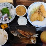 福浦漁港 みなと食堂 - 2021年8月　あじフライ定食+自家製しおから　2464+418円