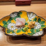 いでの上料理店 - 石垣鯛の昆布〆、あん肝裏ごし、わさび