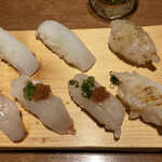 寿司・割烹 四六八ちゃ - カワハギ3 ・ガメ海老 ・バイ貝・アオリ烏賊2～ガメ海老を食べてみたかったな。