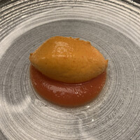 スカイツリービューレストラン 簾 - 赤ピーマンのムース　トマトのクーリも煮詰めてあって旨味が凝縮　濃いーです。シャンパン　バッチグー