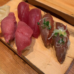 吉光 - 赤身、金目鯛漬け、はがし（奥から時計回り）