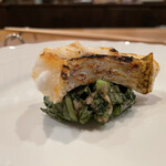 f - のど黒のソテー、バナナと春菊のオーブン焼き添え