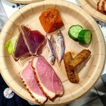 Shutei Hokura - 合鴨ロース煮、鰹山椒正油漬、南瓜南蛮漬、鯵干し、牛蒡クミン正油漬、胡瓜ぬか漬け